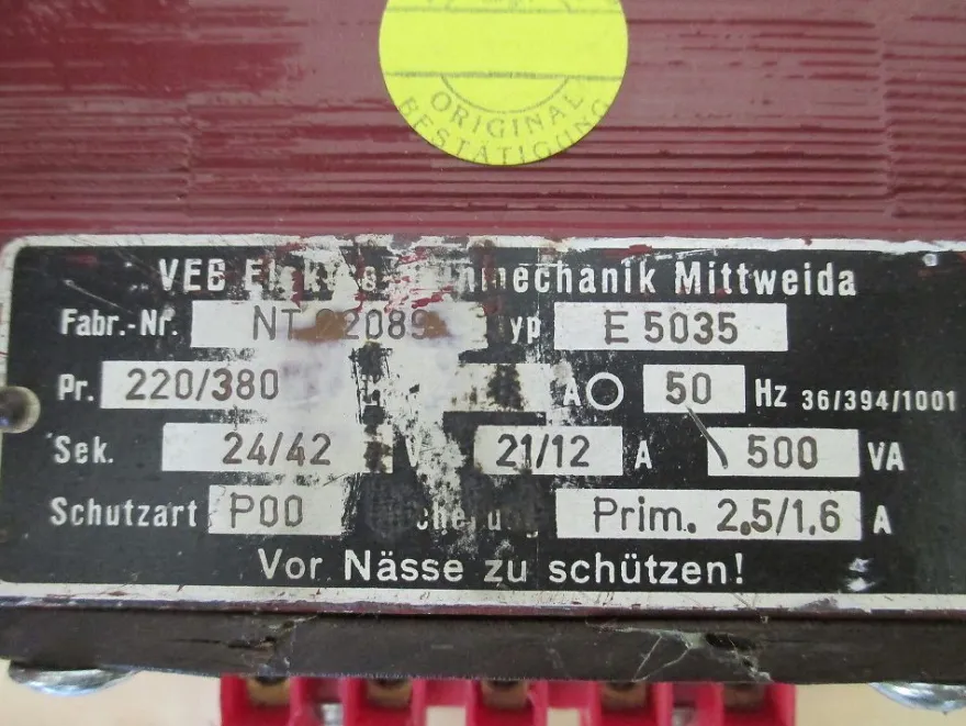 Transformator E 5035 Trafo pri. 220 / 380 V sek. 24 / 42 V 500 VA T9/985