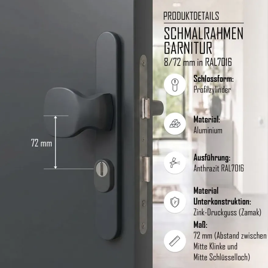 Türdrücker Langschild Schmalrahmen RAL7016 Anthrazit 8-72mm Wechselgarnitur