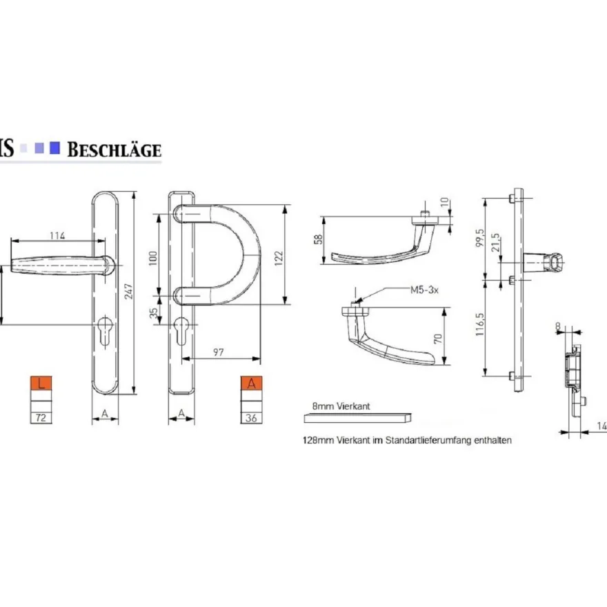 Türdrücker Langschild Schmalrahmen RAL7016 Anthrazit 8-72mm Wechselgarnitur