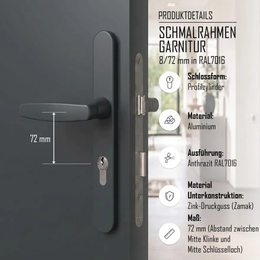 Türdrücker Langschild Schmalrahmen RAL7016 Anthrazit 8-72mm Wechselgarnitur