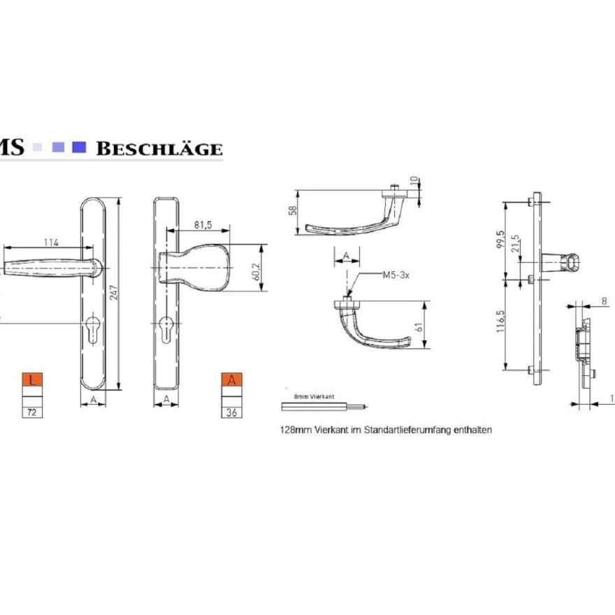 Türdrücker Langschild Schmalrahmen RAL7016 Anthrazit 8-72mm Wechselgarnitur