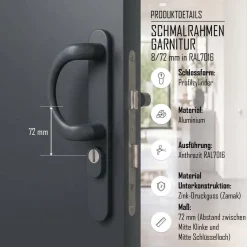Türdrücker Langschild Schmalrahmen RAL7016 Anthrazit 8-72mm Wechselgarnitur