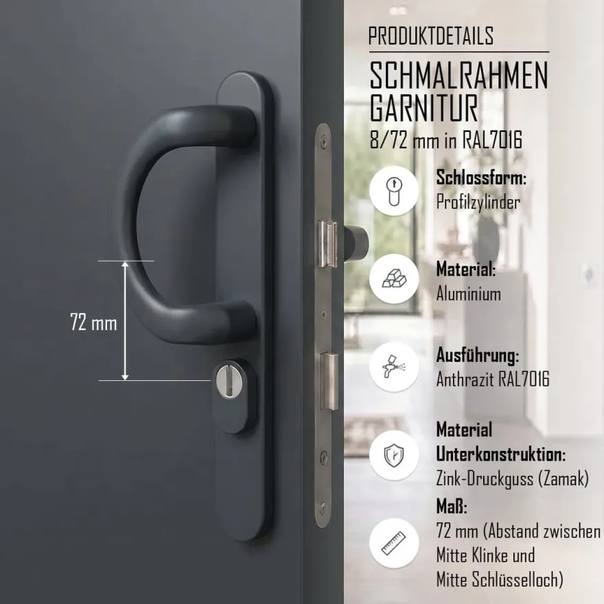 Türdrücker Langschild Schmalrahmen RAL7016 Anthrazit 8-72mm Wechselgarnitur
