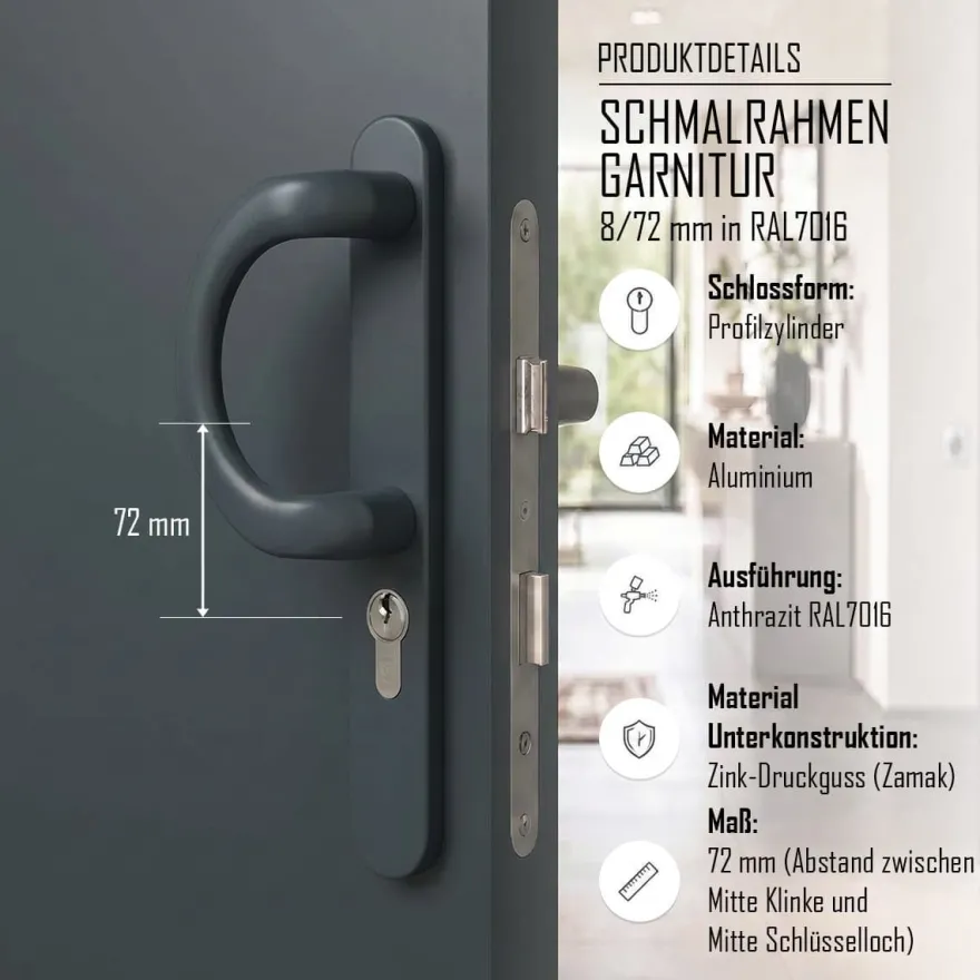 Türdrücker Langschild Schmalrahmen RAL7016 Anthrazit 8-72mm Wechselgarnitur