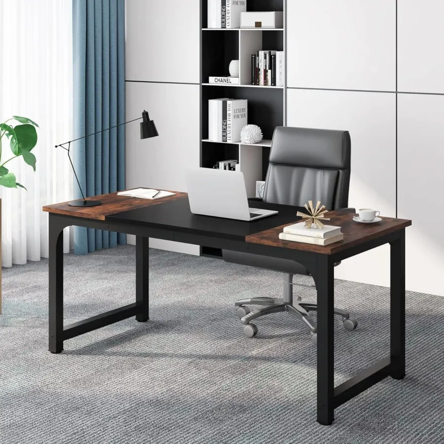 Tribesigns Schreibtisch 160x80 cm, 2er-Pack, Rustikales Braun Schwarz, Stabile