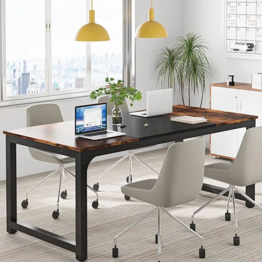 Tribesigns Schreibtisch 160x80 cm, 2er-Pack, Rustikales Braun Schwarz, Stabile