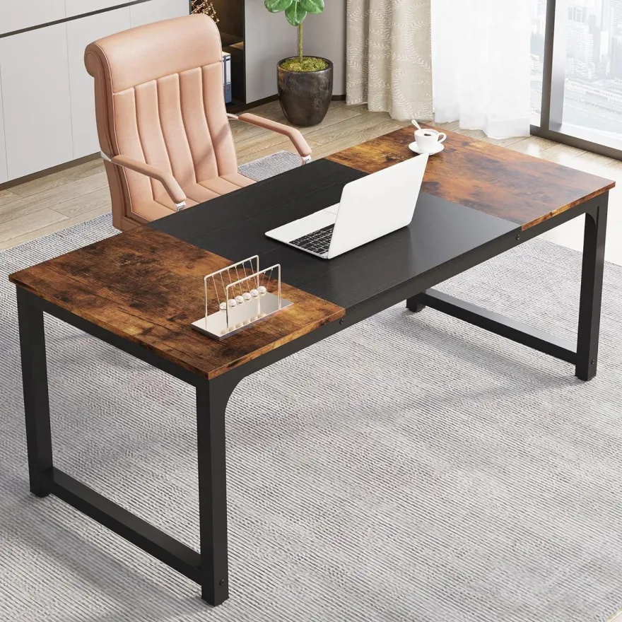 Tribesigns Schreibtisch 160x80 cm, 2er-Pack, Rustikales Braun Schwarz, Stabile