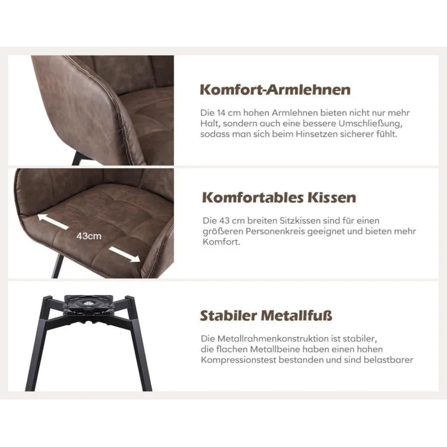 Tukailai Esszimmerstühle 4er Set Drehstuhl Braun mit Armlehnen in Lederoptik