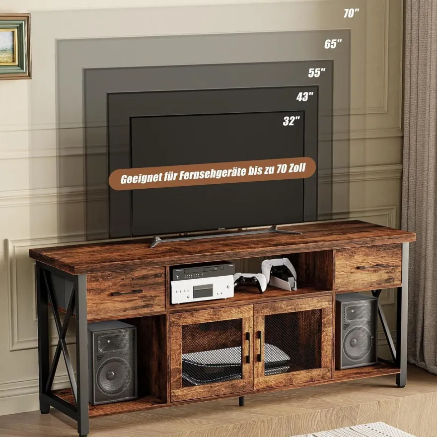 TV Schrank Industrial Stil 140cm Fernsehtisch 2 Schränke Holz Lowboard