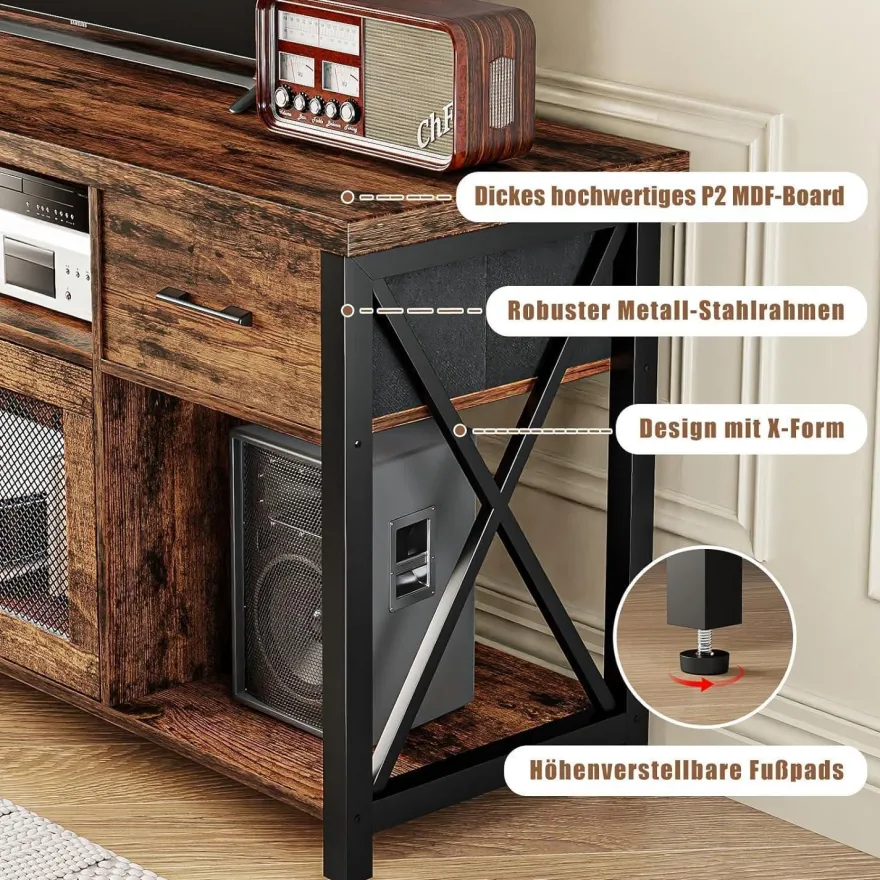 TV Schrank Industrial Stil 140cm Fernsehtisch 2 Schränke Holz Lowboard