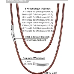 U7 Geflochtene Wachsschur Kette für Damen und Herren, 2mm/3mm, Braun, 66cm