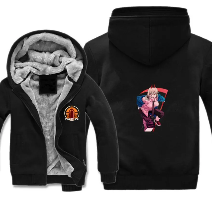 Unisex Anime Chainsaw Man Verdickt Warmer Kapuze Mantel Teenager Zipper Hoody