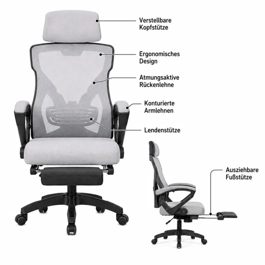 VARR NEXO Ergonomischer Bürostuhl Mesh Fußstütze Kopfstütze Grau Schwarz