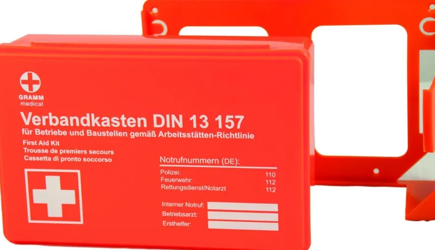 Verbandkasten Betriebsverbandkasten DIN 13157:2021-11 Orange mit Wandhalterung