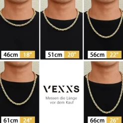 VEXXS Herren Königskette 4/6mm, 18K Gold beschichtet, Edelstahl, Byzantinische