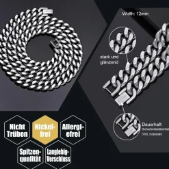 VEXXS Herren Panzerkette 10/12mm, vergoldet Edelstahl Cuban Chain