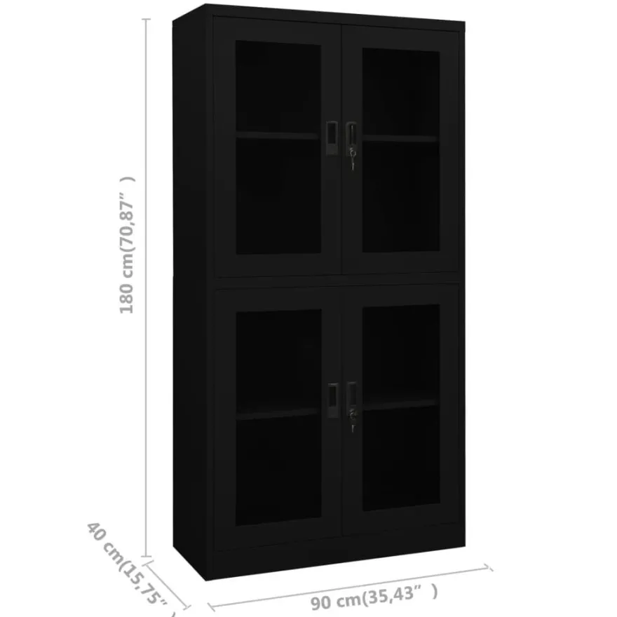 vidaXL Büroschrank Schwarz 90x40x180 cm Stahl und Hartglas