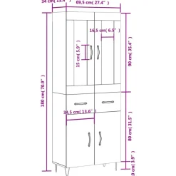 vidaXL Highboard Betongrau 69,5x34x180 cm Holzwerkstoff