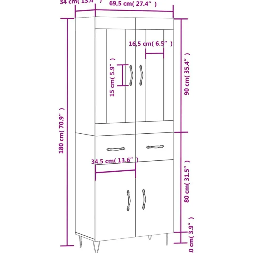 vidaXL Highboard Betongrau 69,5x34x180 cm Holzwerkstoff