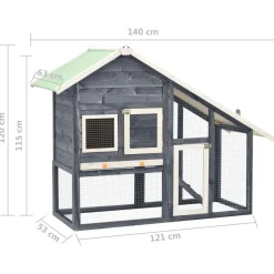 vidaXL Kaninchenstall Grau und Weiß 140x63x120 cm Tanne Massivholz
