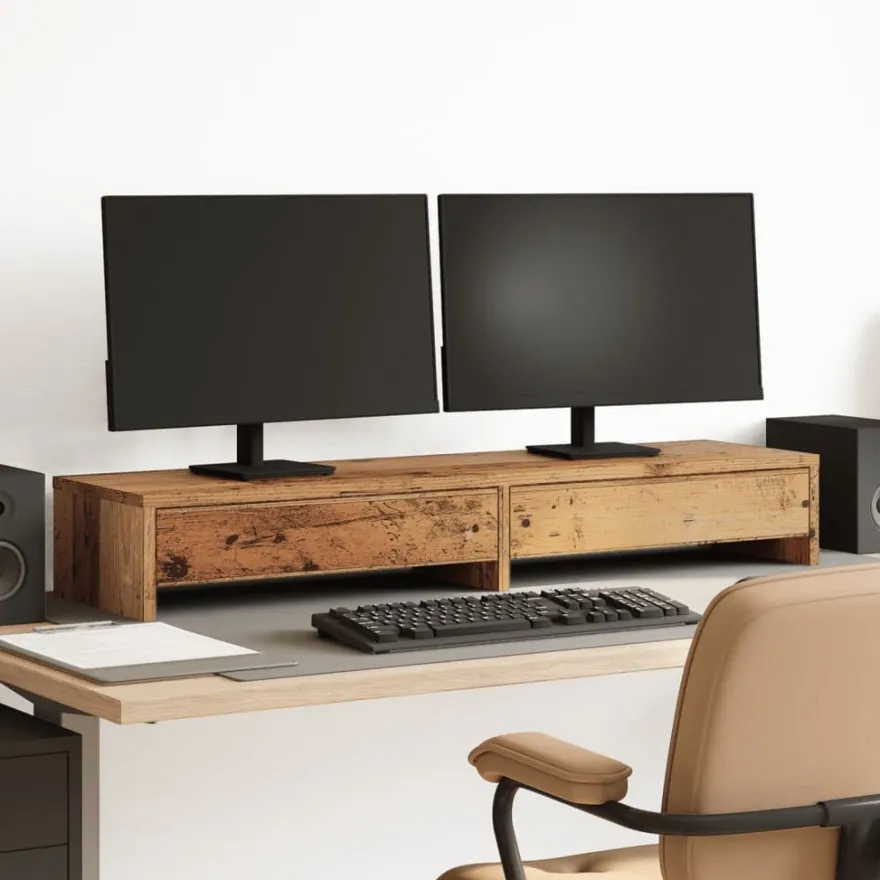 vidaXL Monitorständer mit Schubladen Altholz-Optik 100x27x15 cm