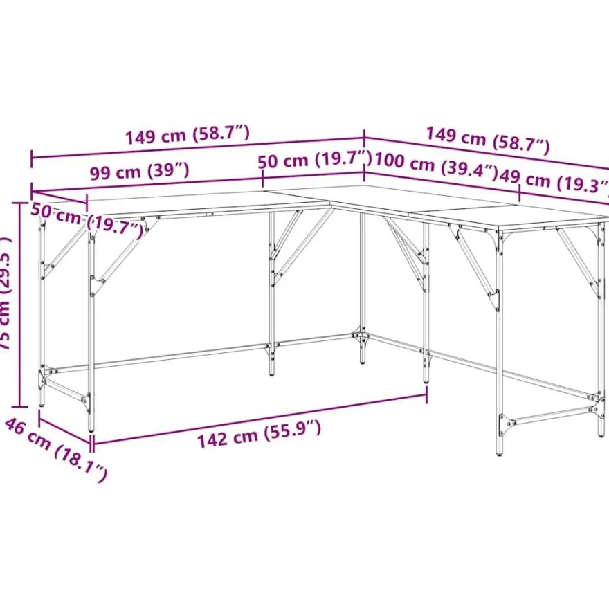 vidaXL Schreibtisch Grau Sonoma 149x149x75 cm Holzwerkstoff