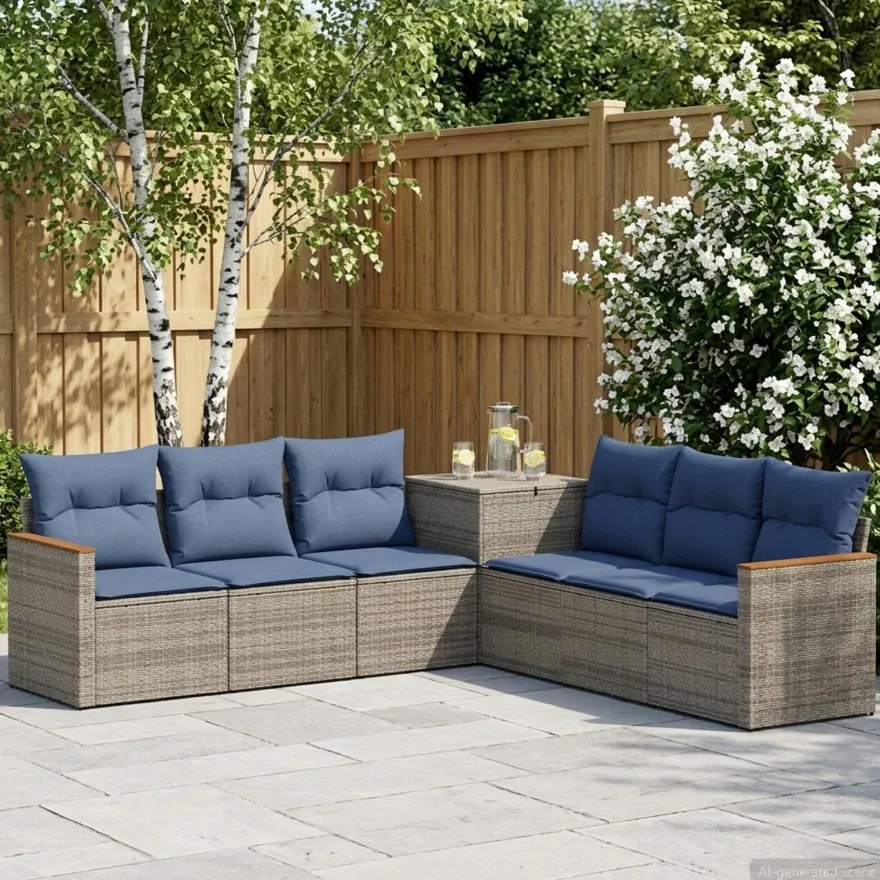 vidaXL Sofa Set 7 pcs Grau und Marineblau Polyrattan und Stahl