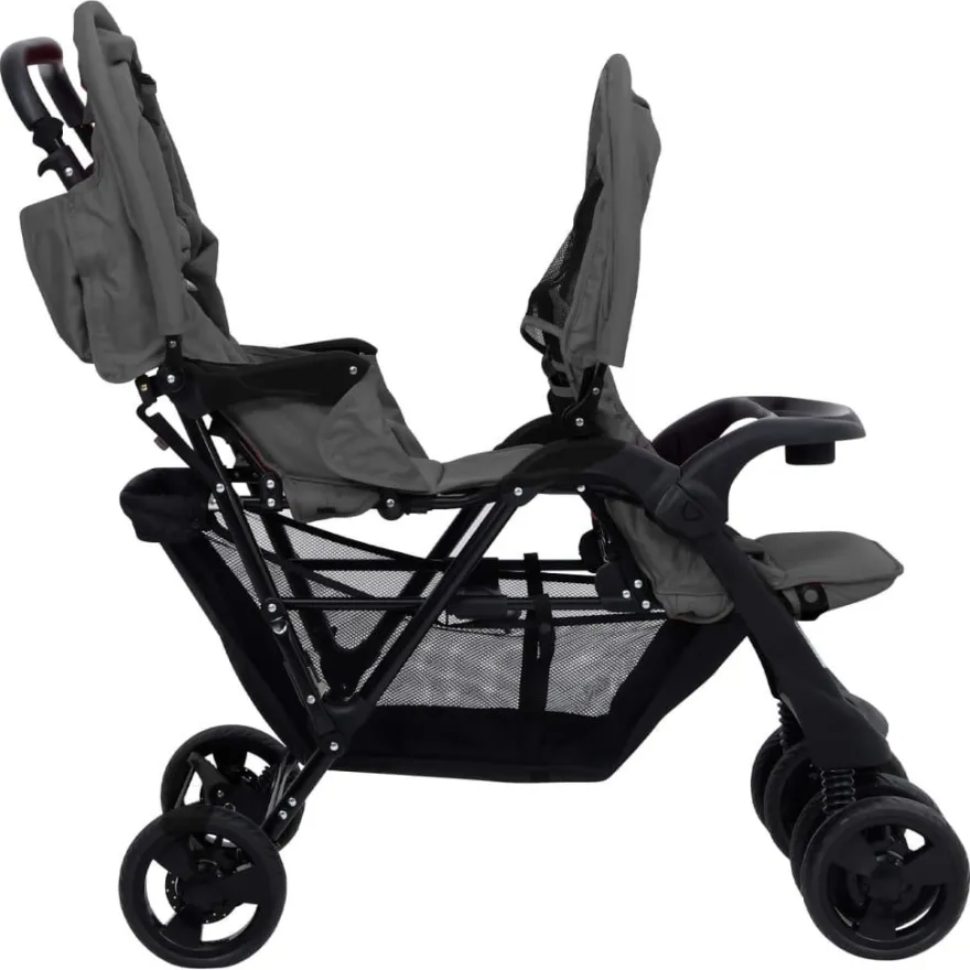 vidaXL Tandem-Zwillingskinderwagen Dunkelgrau Stahl
