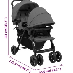 vidaXL Tandem-Zwillingskinderwagen Dunkelgrau Stahl