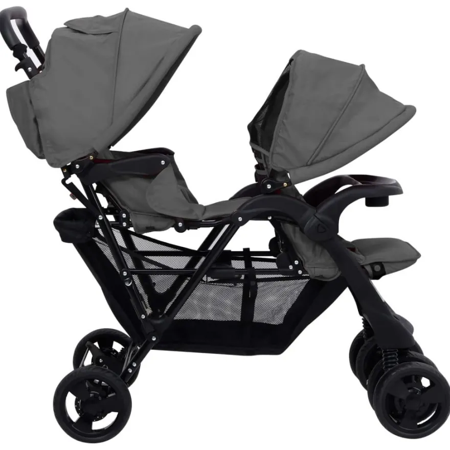 vidaXL Tandem-Zwillingskinderwagen Dunkelgrau Stahl