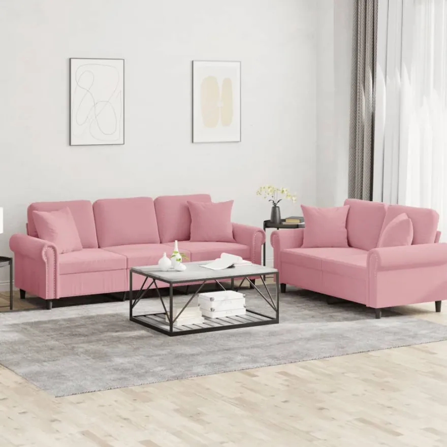 vidaXL 2-tlg. Sofagarnitur mit Kissen Rosa Samt