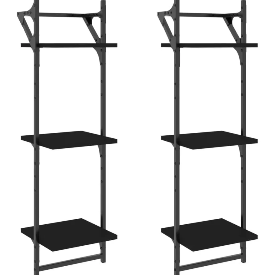 vidaXL Wandregale mit 3 Ablagen & Stangen 2 Stk. Schwarz 30x25x100 cm