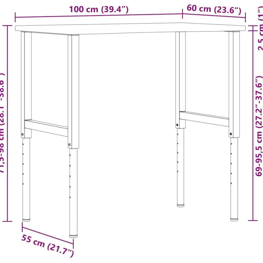 vidaXL Werkbank 100x60x(71,5-98) cm Massivholz Eiche