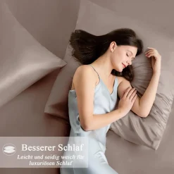 Vielit Satin Kissenbezug 65x65 2er Set mit 2 Haargummis, Braun & Rosa Taupe