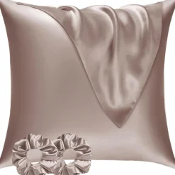 Vielit Satin Kissenbezug 65x65 2er Set mit 2 Haargummis, Braun & Rosa Taupe