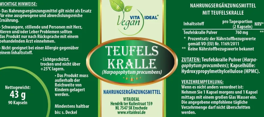VITA IDEAL Vegan® Teufelskralle Kapseln - Harpagophytum procumbens