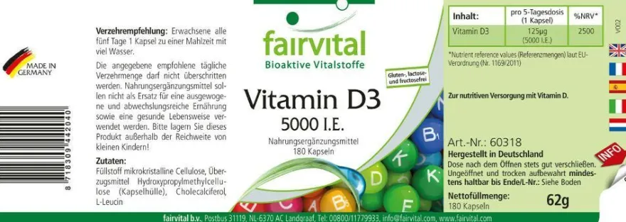 Vitamin D3 5000 I.E. 180 Kapseln, Cholecalciferol hochdosiert MHD 2/2027 fairvital