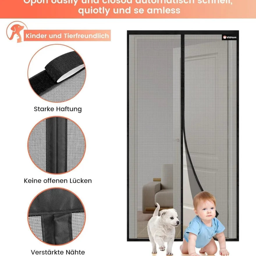 VitHom Flammhemmendes Magnet-Fliegengitter für Balkontüren, 80x200cm, Schwarz