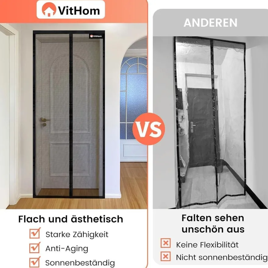 VitHom Flammhemmendes Magnet-Fliegengitter für Balkontüren, 80x200cm, Schwarz