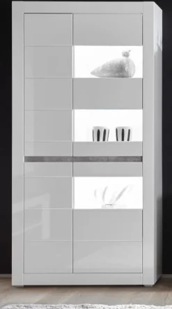 Vitrine weiß Hochglanz / Stone grau Vitrinenschrank Wohnzimmer Esszimmer Nobile