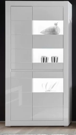 Vitrine weiß Hochglanz / Stone grau Vitrinenschrank Wohnzimmer Esszimmer Nobile