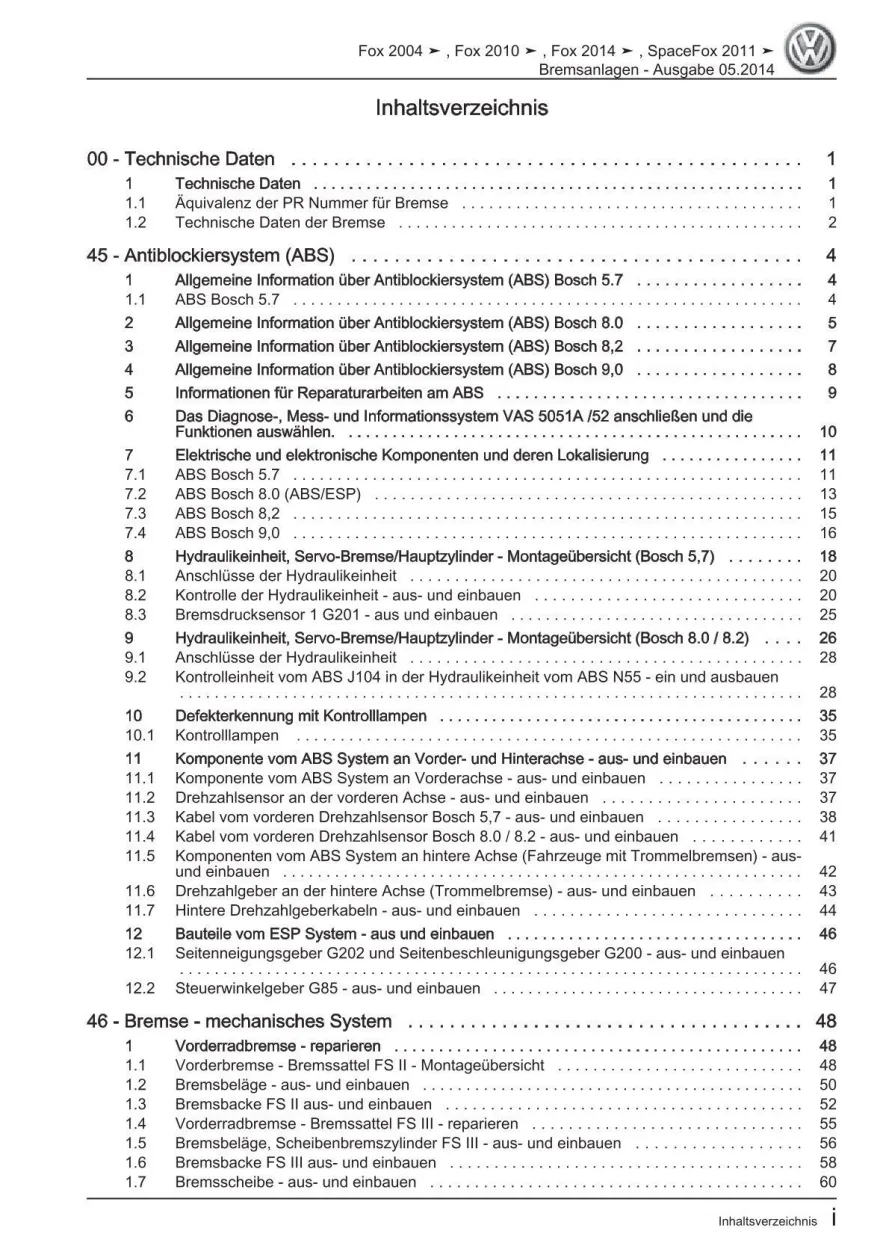 VW Fox Typ 5Z 2005-2011 Bremsanlagen Bremsen System Reparaturanleitung eBook