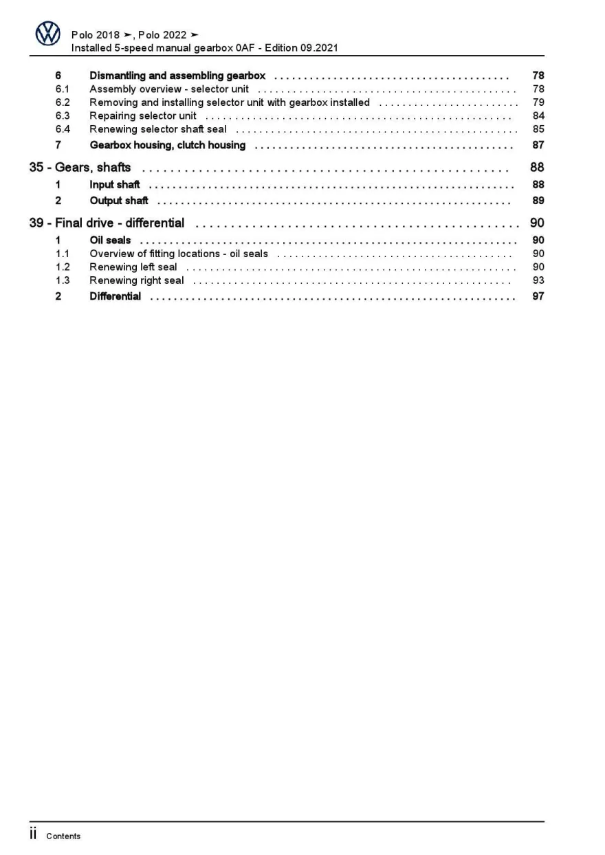 VW Polo 6 AW AE from 2017 installed 5 speed manual gearbox 0AF repair manual pdf
