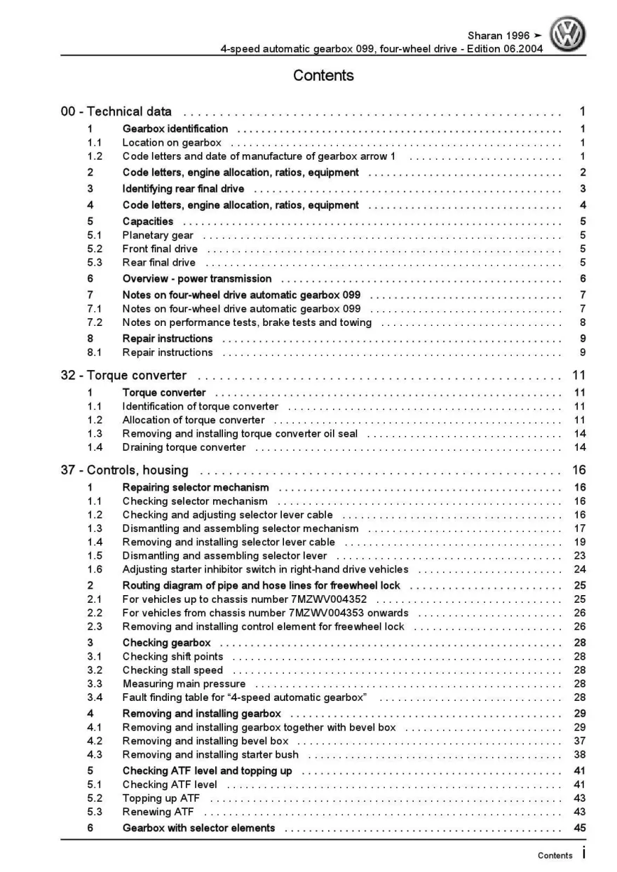 VW Sharan 7M 95-10 4 speed automatic gearbox 099 AWD repair workshop manual pdf