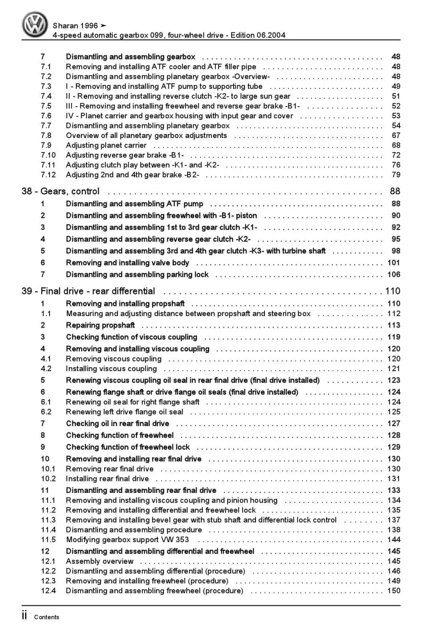 VW Sharan 7M 95-10 4 speed automatic gearbox 099 AWD repair workshop manual pdf