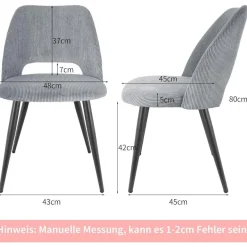 Wafting Esszimmerstühle 8er Set, Kordsamt Polsterstühle mit Metallbeinen, Grau