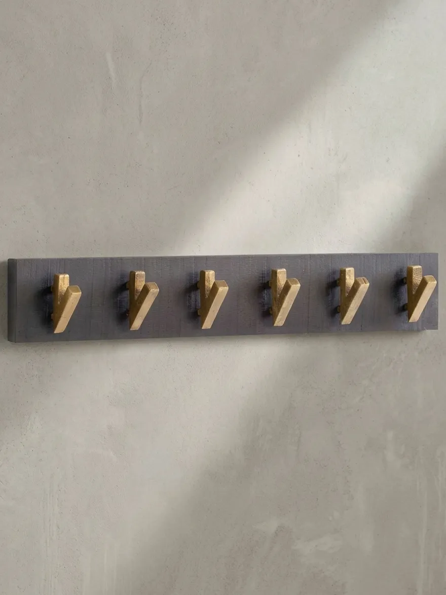 Wandgarderobe Mango Massivholz Metall Modern 60x10x8cm Schwarz Gold