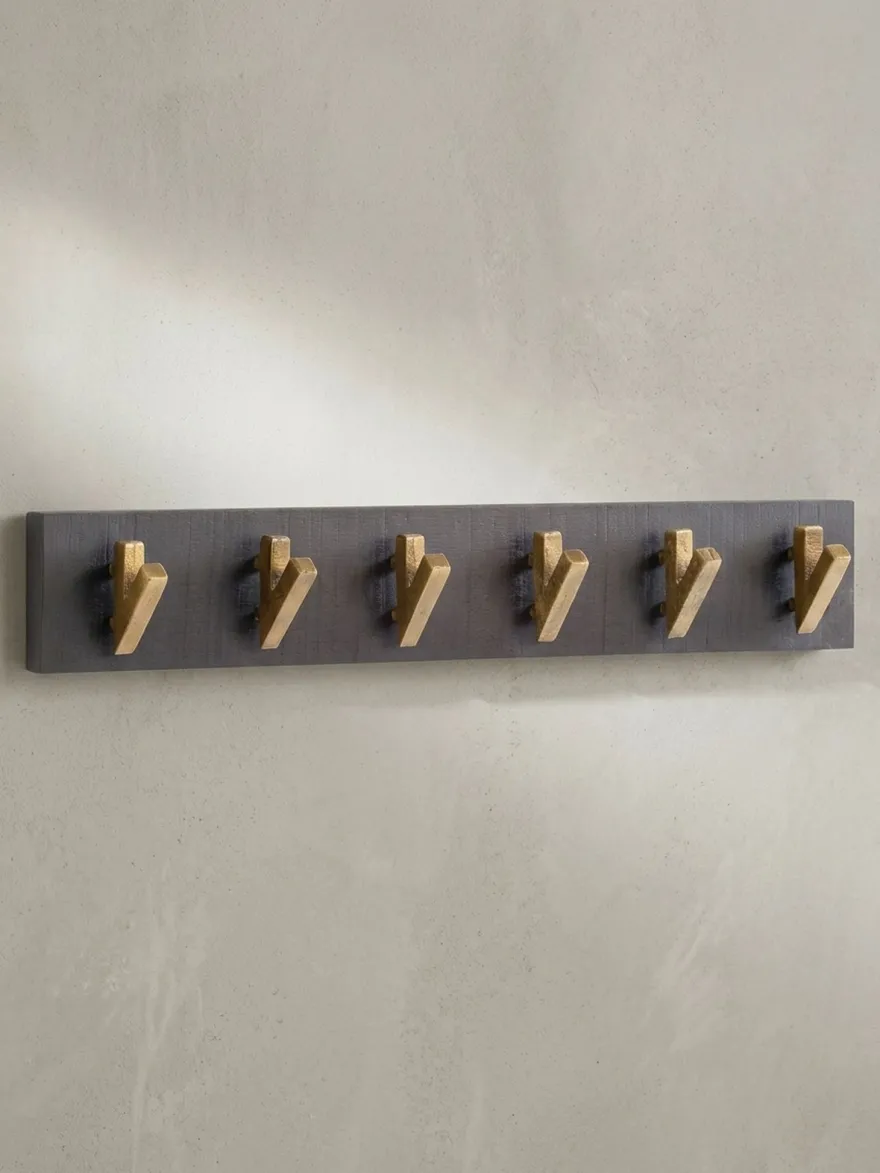 Wandgarderobe Mango Massivholz Metall Modern 60x10x8cm Schwarz Gold