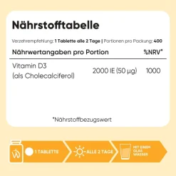 WeightWorld Vitamin D3 2000 I.E. - 400 Tabletten - 1 Tablette alle 2 Tage