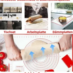 Wellehomi Silikon Backmatte 60x40 cm Antihaft Teigmatte mit Messung und 3